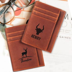 Cartera fina de cuero personalizada, regalo para el Día del Padre, tarjetero de cuero personalizado, regalo para esposo y papá, cartera minimalista para esposa e hijos.