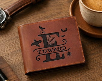 Customized Spooky Monogram Genuine Leather Wallet, Custom Engraved Mens Wallet, Funny Halloween Gift For Dad, Son, Husband, Boyfriend, Uncle