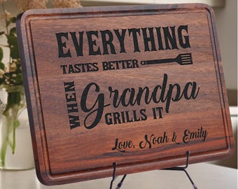 Personalized Custom Engraved Cutting Board for Grandpa, Griller Cutting Board for Christmas, Everything Tastes Better When Grandpa Grills It