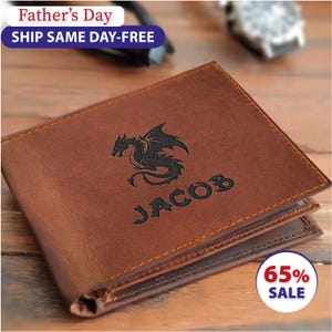 Cartera de cuero de dragón única para padres / Cartera con símbolo de dragón / Arte de dragón / Mítico / Mitología / Regalo de graduación, el mejor regalo para él
