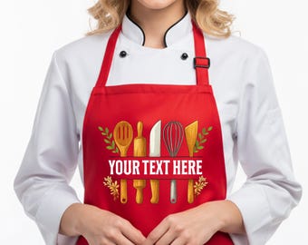 Personalized Kitchen Apron, Custom Cooking Apron for Women, Kitchen Utensils Design Housewarming Gift, Chef Apron for Mom Wife