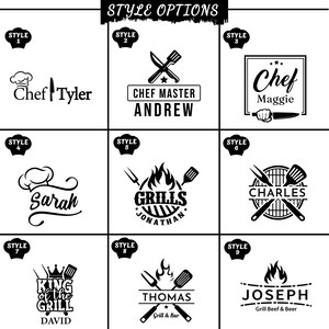 Puede incluir: Dise&ntilde;os gr&aacute;ficos en blanco y negro con logotipos tem&aacute;ticos de chef. Los estilos incluyen gorros de chef, utensilios cruzados y texto como "Chef Tyler", "Chef Master Andrew" y "King of the Grill David".