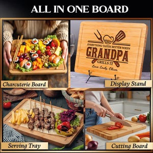 May include: A collage of wooden boards for various uses. Includes a charcuterie board with food, a serving tray with grilled food, and a cutting board with sliced tomatoes. A display stand holds a board engraved with "Everything tastes better when Grandpa grills it."