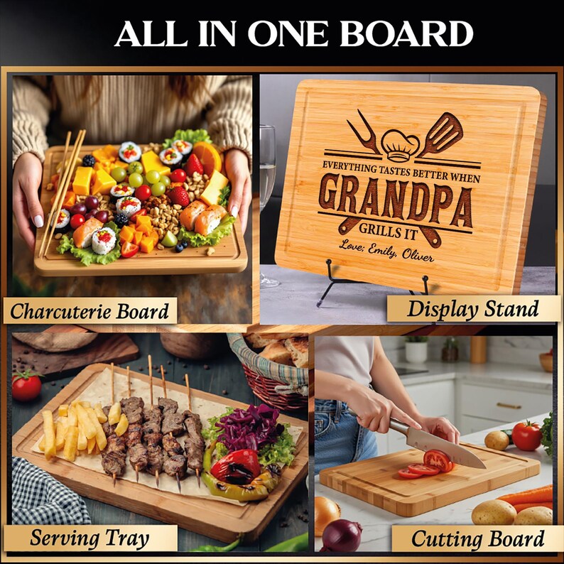May include: A collage of wooden boards for various uses. Includes a charcuterie board with food, a serving tray with grilled food, and a cutting board with sliced tomatoes. A display stand holds a board engraved with "Everything tastes better when Grandpa grills it."