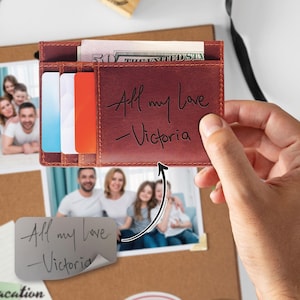 Billetera personalizada para hombres y mujeres, billetera delgada con escritura a mano, mini billetera de cuero personalizada, tarjetero, tarjetero de crédito, regalo para él o para ella