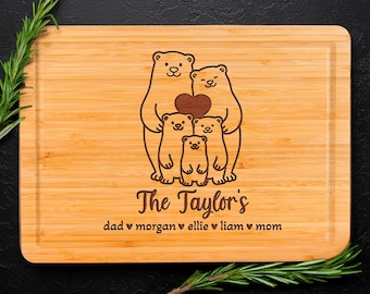 Personalized Bear Family Cutting Board, Custom Animal Family Gift, Engraved Wood Board with Kids Names, Mother's Day Gift