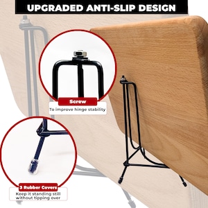 May include: A wooden cutting board with a black metal stand. The stand has three rubber covers on the feet and a screw to improve hinge stability. The text "UPGRADED ANTI-SLIP DESIGN" is at the top.