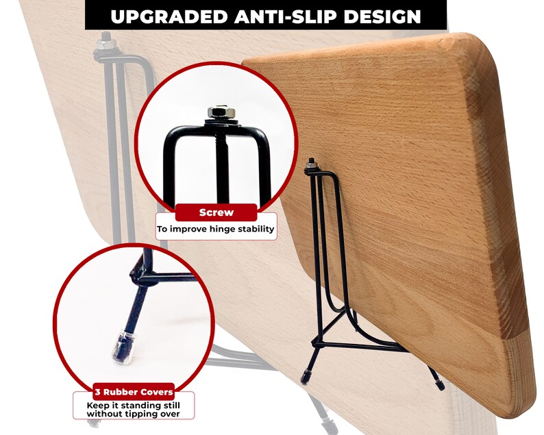 May include: A wooden cutting board with a black metal stand. The stand has three rubber covers on the feet and a screw to improve hinge stability. The text "UPGRADED ANTI-SLIP DESIGN" is at the top.
