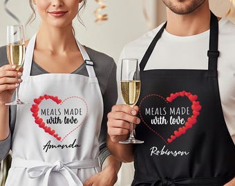 Personalized Matching Aprons for Couples, Custom Name Couple Apron, Meals Made With Love, Valentines Day Gift, Wedding Anniversary Gifts
