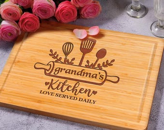 Personalized Grandma's Kitchen Cutting Board, Custom Engraved Gift For Grandma, Mother's Day Gift for Mom Mama Grandmother Nana Mimi