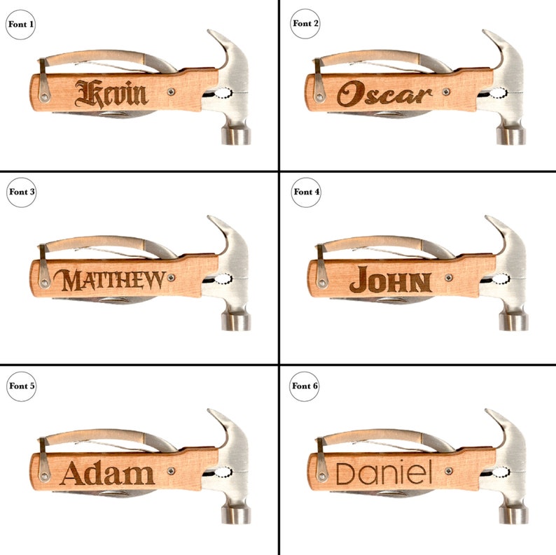 K&ouml;nnte beinhalten: Eine Auswahl an personalisierten Hammer-Multitools mit Holzgriffen und Hammerk&ouml;pfen aus Edelstahl. Jedes Werkzeug ist mit einem anderen Namen graviert: Kevin, Oscar, Matthew, John, Adam und Daniel. Die Werkzeuge sind vor wei&szlig;em Hintergrund dargestellt.
