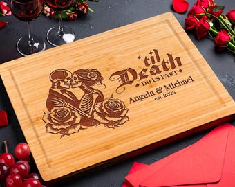 Personalized Gothic Housewarming Gift, Til Death Do Us Part New Home Cutting Board, Custom Skeleton Couple Home Decor