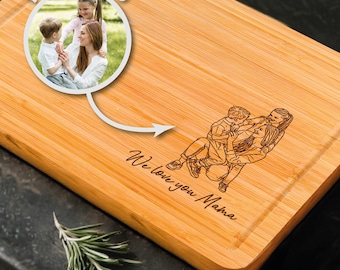 Personalized Mom Photo Cutting Board, Custom Mother’s Day Gift from Kids, Engraved Portrait Wood Board for Mom Grandma, Mother's Day Gift