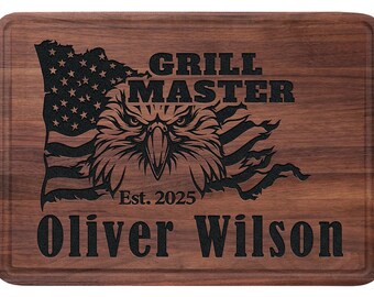Customized Grill Master Cutting Board, Custom Name American Flag & Eagle Design Board, Father's Day Gift for Dad Grandpa, Grilling Gift