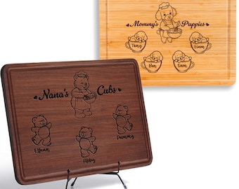 Personalized Mom Cutting Board with Kids Names, Custom Engraved Gift for Mom Grandma, Mommy's Puppies Nana's Cubs, Mother’s Day Gift