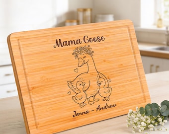 Mama Goose Cutting Board Personalized, Customized Kids Names Engraved Wood Board, Mother’s Day Gift for Mom Grandma
