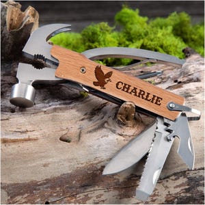 Personalized multifunctional tool,Groomsmen Gifts Knives,Outdoor Gift for Him,Engraved Knife with Wooden Hand,Custom Wedding Gift