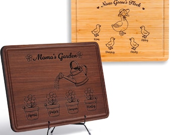 Custom Mom Cutting Board with Kids Names, Personalized Engraved Gift for Mom Grandma, Mamas Garden Nana Goose's Flock, Mother’s Day Gift