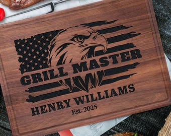 Personalized Grill Master Cutting Board, Custom Name American Flag & Eagle Design Board, Father's Day Gift for Dad Grandpa, BBQ Lover Gift