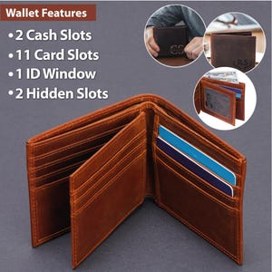 May include: A brown leather wallet with 11 card slots, 2 cash slots, 1 ID window, and 2 hidden slots. The wallet is open and the interior is visible.