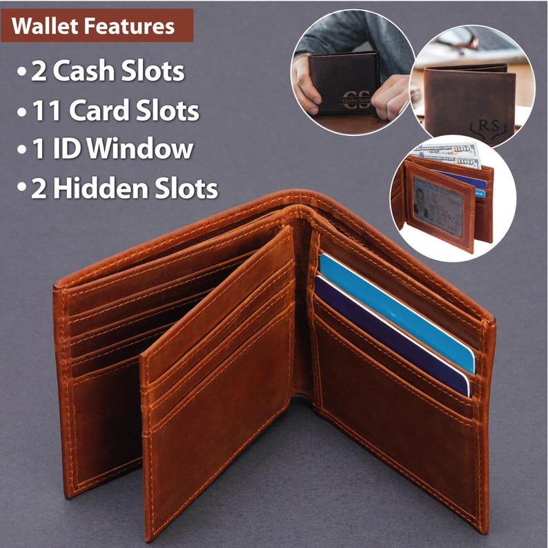 May include: A brown leather wallet with 11 card slots, 2 cash slots, 1 ID window, and 2 hidden slots. The wallet is open and the interior is visible.