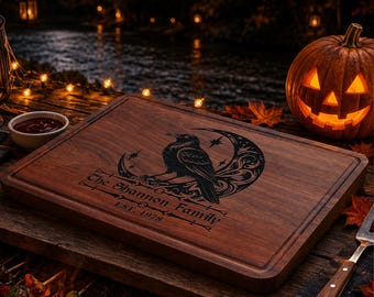 Personalized Raven Cutting Board, Engraved Custom Family Name Gothic Charcuterie Board, Dark Academia Home Decor, Witchy Housewarming Gifts