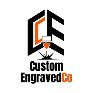 May include: Black and orange logo for a business called "Custom EngravedCo". The logo features a stylized "CE" with a laser engraving tool in the center.