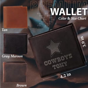May include: A brown leather wallet with a star and the text "COWBOYS TONY" engraved on the front. The wallet measures 4.2 inches by 3.9 inches.