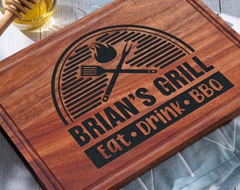 Personalized Grill and BBQ Gifts for Dad Grandpa, Eat Drink BBQ Cutting Board, Custom Fathers Day Present, Gifts for Him from Daughter, Wife