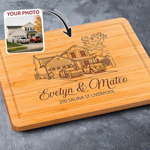 Custom Engraved Photo on Wood Cutting Board, Personalized House Portrait, Housewarming, Closing Gift, New Home Present, Custom Home Gift