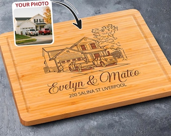Custom Engraved Photo on Wood Cutting Board, Personalized House Portrait, Housewarming, Closing Gift, New Home Present, Custom Home Gift