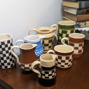 Antique Mocha Ware Checkerboard Pottery Collection - 19th Century Yellow Ware with other vintage checkered ceramics