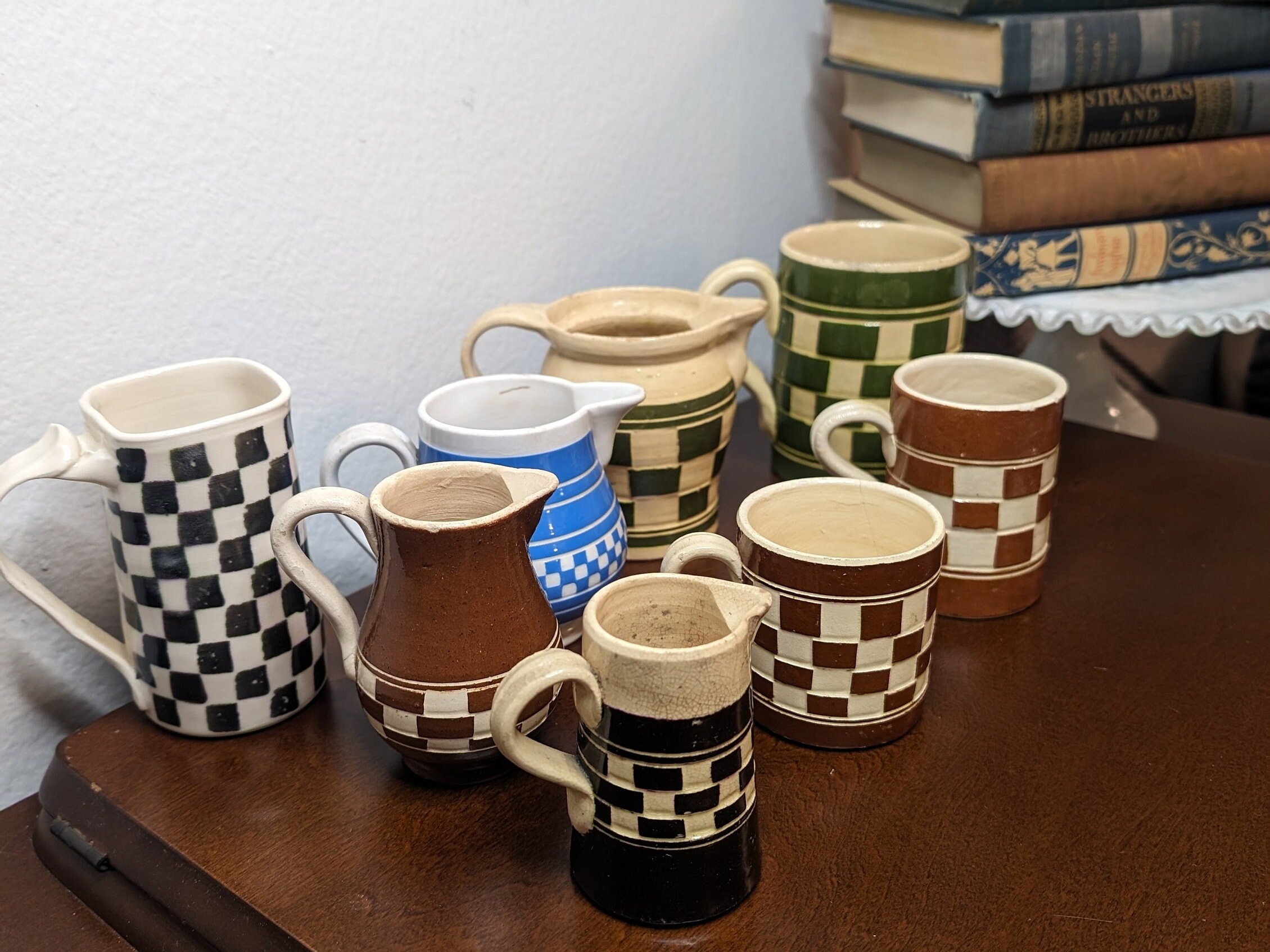 Antique Mocha Ware Checkerboard Pottery Collection - 19th