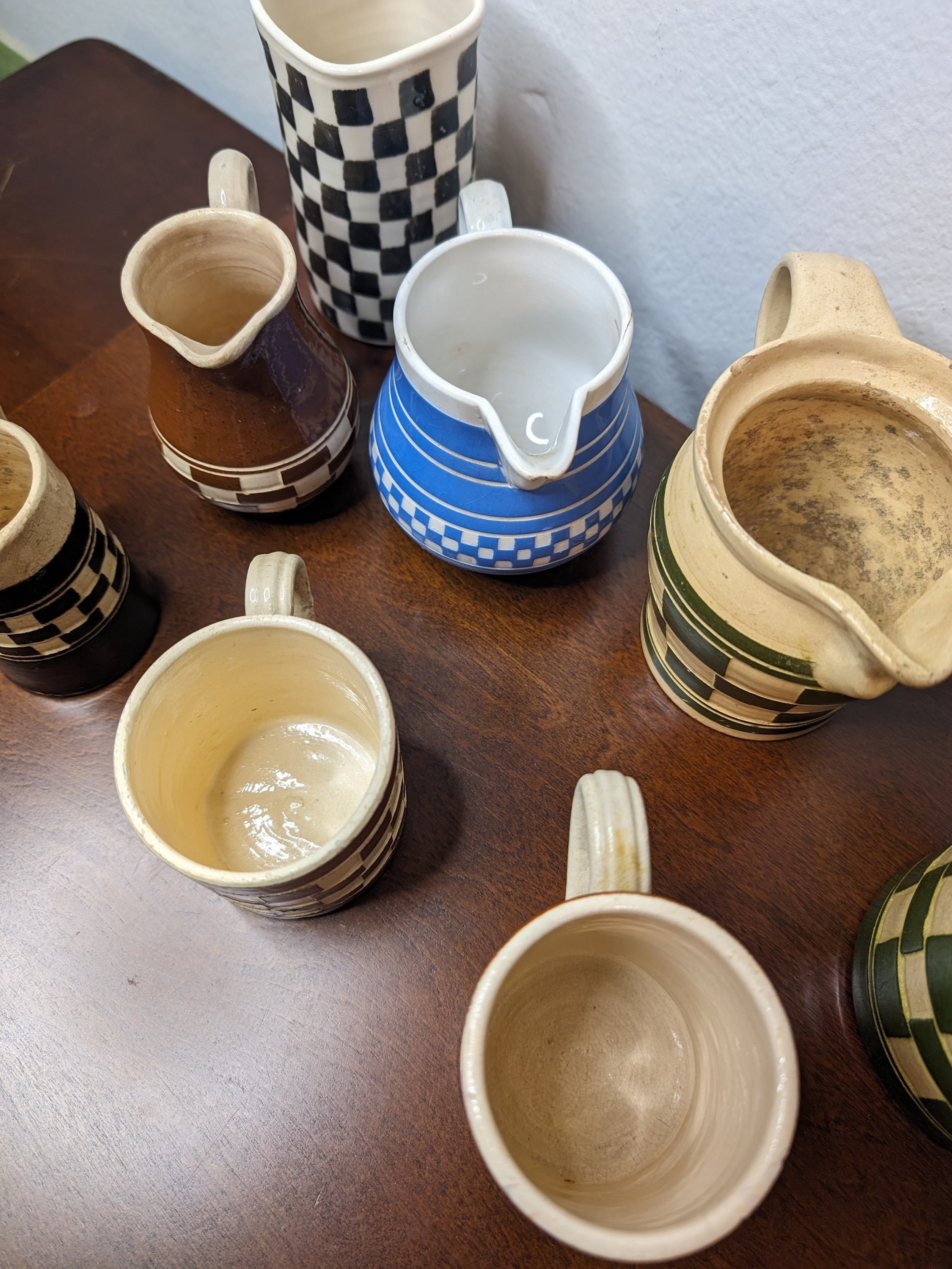 Antique Mocha Ware Checkerboard Pottery Collection - 19th