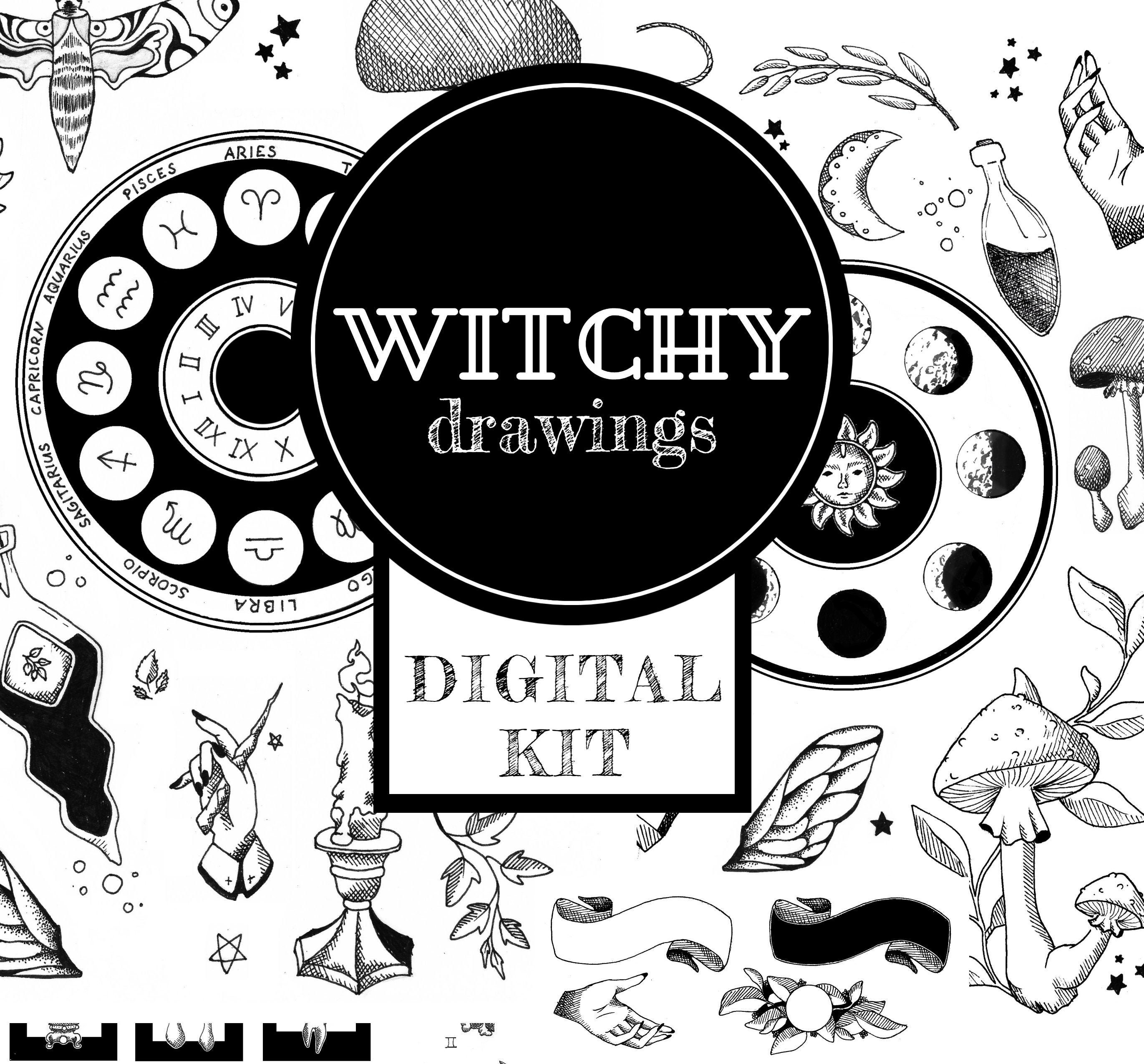 Witchy Drawings Ephemera Kit Digital Download Witchcraft Witch