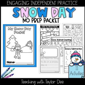 May include: A printable pack of 11 snow day activities for kids. The pack includes a coloring page, a maze, a counting activity, a subtraction activity, and a writing prompt. The text "My Snow Day Packet" is on the cover of the packet.