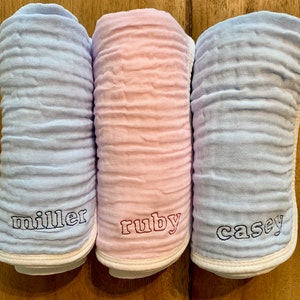 Set of Four Monogrammed, Embroidered, Muslin Baby Burp Cloths