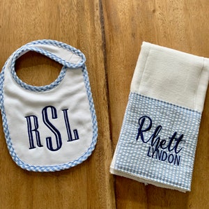 Monogrammed Embroidered Baby Burp Cloth Bib Hat Set