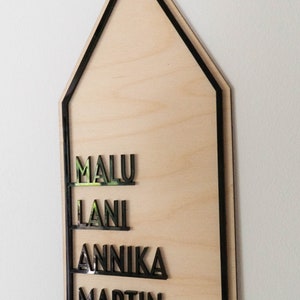 May include: A wooden house-shaped sign with black trim and the names "MALU", "LANI", "ANNIKA", and "MARTIN" written in black letters.