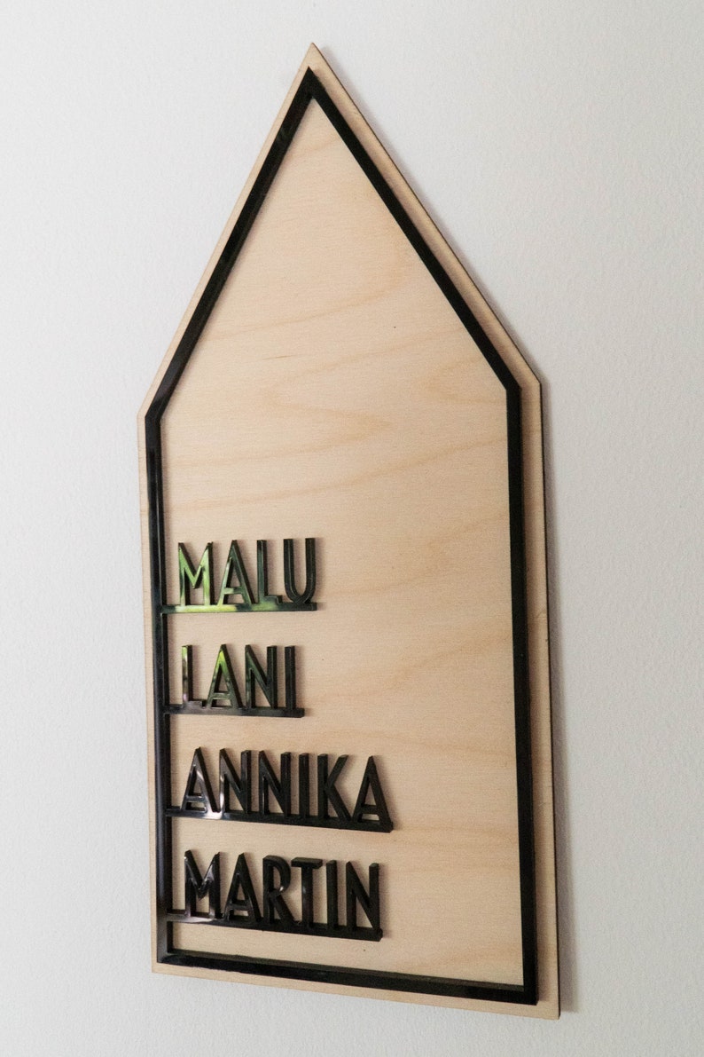 May include: A wooden house-shaped sign with black trim and the names "MALU", "LANI", "ANNIKA", and "MARTIN" written in black letters.