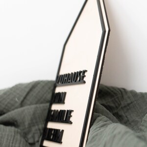 May include: A wooden house-shaped sign with black lettering that reads "Zuhause", "Dein", "Familie", and "Heim". The sign is sitting on a green fabric surface.