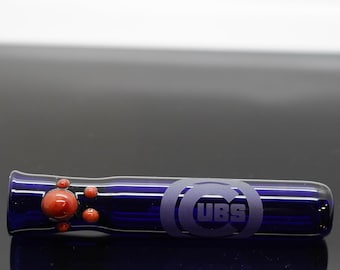 Blue Chicago Cubs Sandblasted Glass Chillum; Glass Straight Pipe; Glass One Hitter; Tobacco Pipe; Pocket Pipe