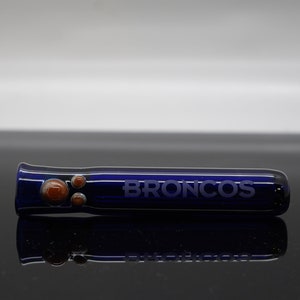 Blue Denver Broncos Sandblasted Glass Chillum, Tobacco Pipe, Glass Hitter, pocket Pipe
