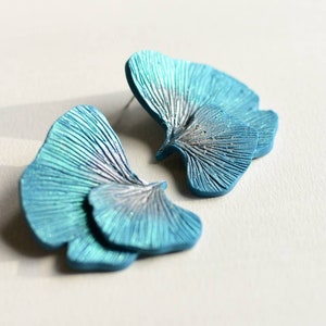 Blue flower petals, mushroom Gill earrings l handmade design l polymer clay statement earrings image 4