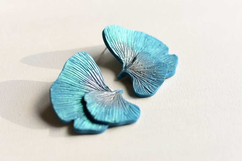 Blue flower petals, mushroom Gill earrings l handmade design l polymer clay statement earrings image 4