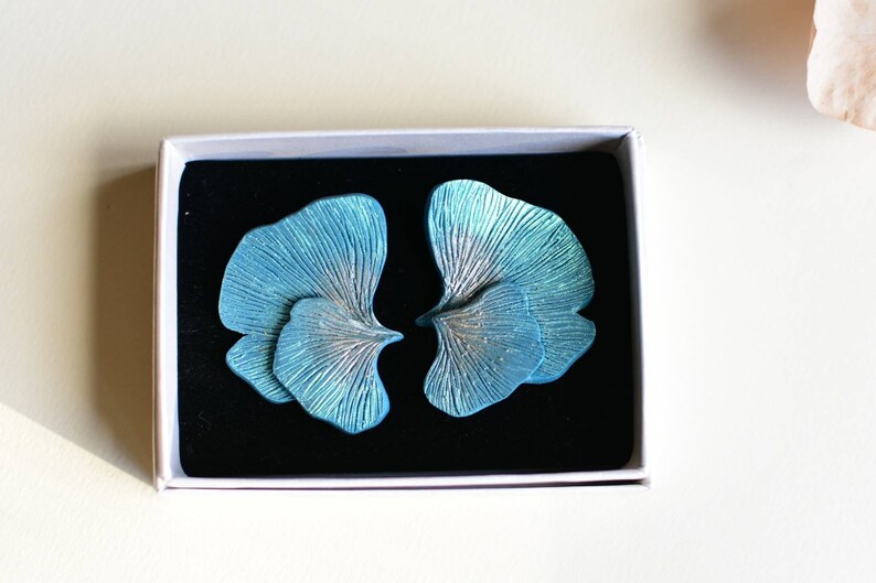 Blue flower petals, mushroom Gill earrings l handmade design l polymer clay statement earrings image 5