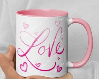 11 Ounce White Ceramic Mug with Pink Accent on Handle & Interior - "Love with Floating Hearts" Graphic / Hand Drawn Exclusive Artwork / Gift
