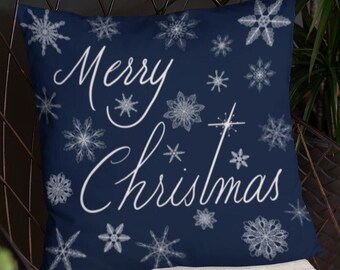 Christmas Pillow - "Merry Christmas" / Star of the Magi with Snowflake Design - 18" x 18" Accent Pillow in Navy Blue / Hand Drawn/Exclusive