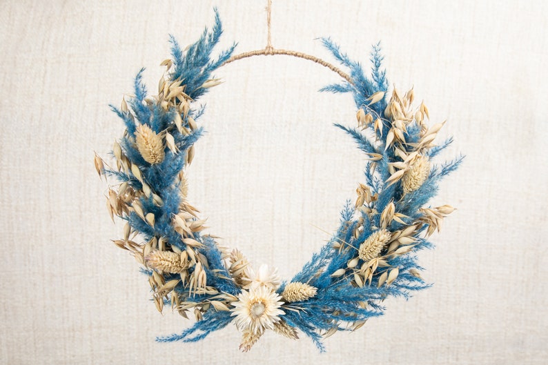 Dry flowers wreath maritim boho blue as door wreath for image 1