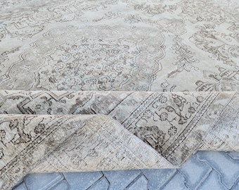 Vintage Rug 9x12, Gray and Ivory 9x12 Vintage Rug,Turkish Rug Large Beige, Larger Vintage Area Rug Neutral, Hand Made Grey Cream Rug Persian